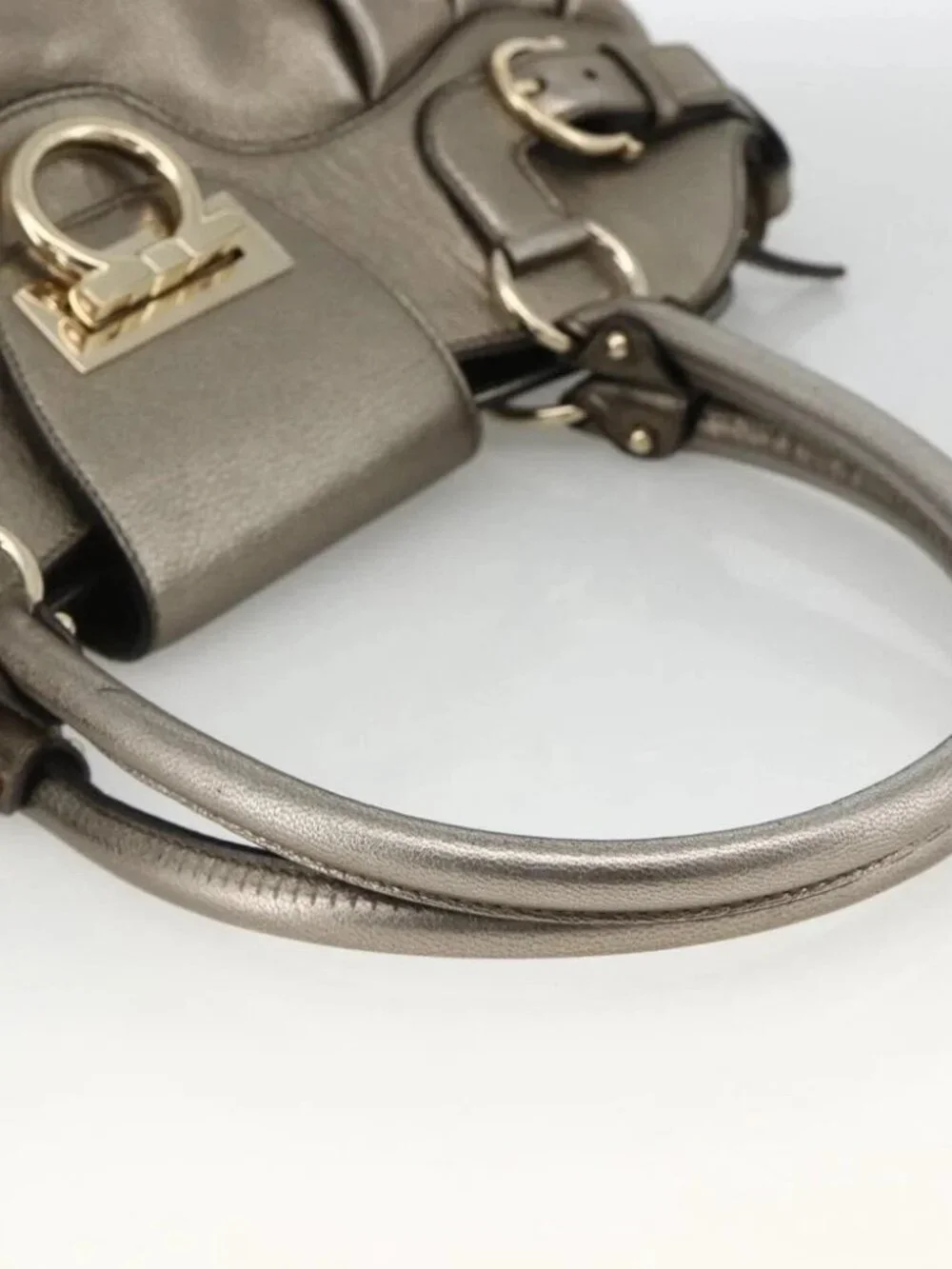 Salvatore Ferragamo Gancini Hand Bag Leather Gold Silver Auth BA11899